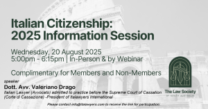Locandina del webinar "Italian Citizenship: 2025 Information Session" organizzato dalla Law Society of South Australia il 20 agosto 2025, con relatore Avv. Valeriano Drago, Presidente di Italawyers International.