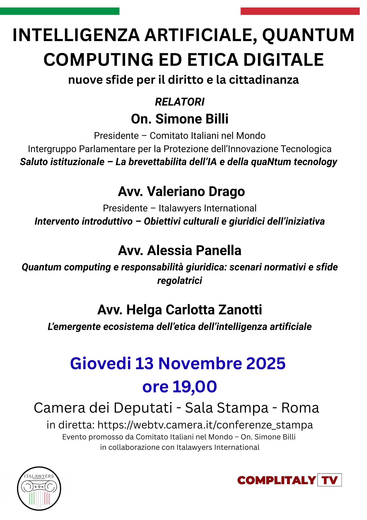 Locandina del convegno Italawyers sulla Intelligenza Artificiale e Quantum Computing, Camera dei Deputati, 13 novembre 2025